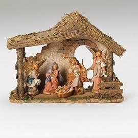 Fontanini Nativity with Resin Stable and 5 figure Pieces. This 5 Piece Figure and Stable Fontanini Nativity comes with an Italian Stable made of resin.  Stable measurements are: 10.25"H X 13"W X 5.5"D