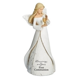 Blessings on Your First Communion Angel. First Communion Heavenly Blessings Angel is holding  a chalice and  is 7"H. The bottom of the angels dress has the words "blessings on your first communion."  Blessings Angel is made of a resin/stone mix. 