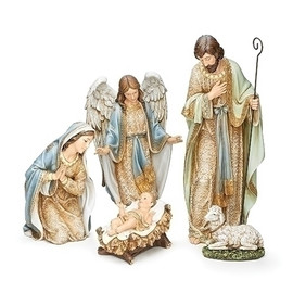 Adorned Holy Family with Angel and Lamb Nativity.   Dimensions: 9"L 30"W 21.75"H. The Holy Family Nativity Set is made of a resin/stone material and is painted in soft hues. Great for holiday table top display!