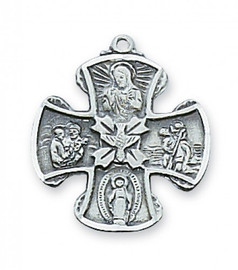 Sterling Silver Holy Spirit 3/4" 4-Way Medal. 18" Rhodium Plated Chain. Deluxe Gift Box Included