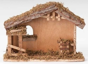 Fontanini Stable to house your 5" Fontanini nativity figures. Dimensions: 10"H X 13"L.  Made of Wood, Moss and Bark.