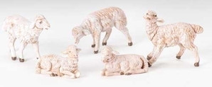 Fontanini Polymer  5" Scale Nativity Figures ~ Five Assorted Seated and Standing Sheep, 3"W x 2.5"