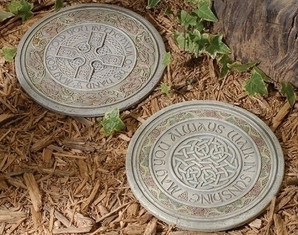 10 3/4" Celtic Stepping Stone. Stepping Stones measure 10 3/4"Dia. Stepping stones have a hook and may also be hung. 
Choose: "May God Hold You in the Palm of His Hand" or "May You Always Walk in Sunshine"
Stepping stones are made of a resin/stone mix