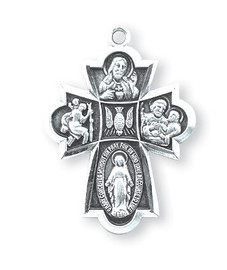 Sterling Silver Four-way combination Medal, Miraculous-Scapular-Saint Christopher-Saint Joseph medals. Solid .925 sterling silver. Dimensions: 0.9" x 0.6" (22mm x 16mm). 18" Genuine rhodium plated curb chain. Deluxe velvet gift box. Made in USA.