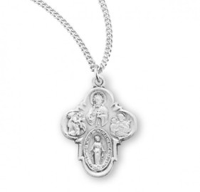 Sterling silver Four-way combination Medal ~ Miraculous-Scapular-Saint Christopher-Saint Joseph medals. 18" Rhodium Plated Curb Chain is Included with a Deluxe Velour Gift Box. Dimensions: 0.8" x 0.6" (21mm x 16mm).  Made in the USA. 