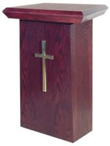 Mahogany-stained square wood stand with a brass cross on the front.