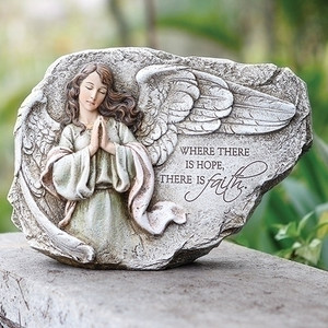 Plaque featuring a brunette angel praying with saying.