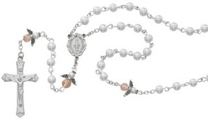 5MM White Pearl Bead and Pink Angel Our Father Bead Rosary 