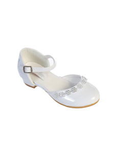 White buckle shoe with rhinestone flowers.