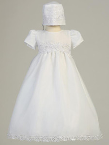 Audrey ~  White Sequin Trim Organza Gown with corded trims and sequins. Bonnet is included. Made In USA