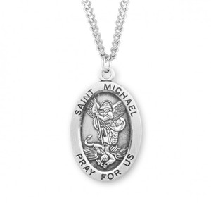 Large Oval St. Michael Sterling Silver Medal. Medal comes on a 24" genuine rhodium plated endless curb chain. Dimensions: 1.1" x 0.7" (27mm x 17mm). Weight of medal: 2.8 Grams. Oval medal comes in a deluxe velour gift box and is made in the USA.  Engraving Available at an addtional cost.