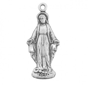 Sterling Silver Our Lady of Grace double sided medal-pendant. OL of Grace pendant comes on a 18" genuine rhodium plated curb chain. Dimensions: 1.0" x 0.7"(26mm x 18mm).  Solid .925 sterling silver.  Made in USA.