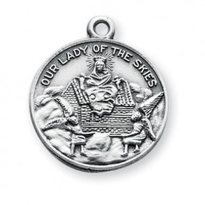 15/16" Sterling Silver Our Lady of Loretto Medal. A 18" rhodium plated curb chain is included. Medal comes in a deluxe velour gift box. Solid .925 sterling silver. Dimensions: 0.9" x 0.8" (24mm x 20mm).  Weight of medal: 4.0 Grams.  Made in the USA. 