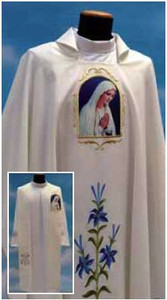 Marian Chasuble  made of Primavera fabric (100% polyester), with embroidered Marian symbol on the front and back. Inside stole included. This garment is imported from Italy. Please allow 4 to 8 weeks for delivery. Stole Available at an additional cost. 