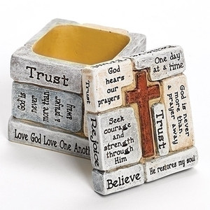 2.25" Inspirational Crosswords Trinket Box.  Resin/Stone Mix. 2.25" Inspirational Crosswords Trinket Box.  Beautiful wording on every side of this inspiring trinket box.  The Crossword Collection includes this box, and several other pieces sold separately. Resin/Stone Mix. 