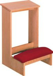 A red kneeling pad connected to a wooden, rectangular shelf.