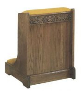  A yellow kneeling pad connected to a wooden, rectangular shelf with a yellow armrest on top.