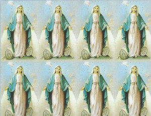 Miraculous Medal Prayer Cards. Bonella artwork is known throughout the world for its beautiful renditions of the Christ, Blessed Mother and the Saints. 8 1/2" x 11" sheets with tab that separates into 8- 2 1/2" x 4 1/4" c cards that can be personalized and laminated at an additional cost.  ( Price per sheet of 8)