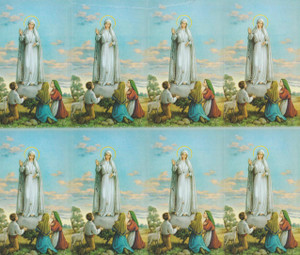 Our Lady of Fatima personalized Prayer Cards from the Bonella Line. Bonella artwork is known throughout the world for its beautiful renditions of the Christ, Blessed Mother and the Saints. 8 1/2" x 11" sheets with tab that separates into 8- 2 1/2" x 4 1/4" cards that can be personalized and laminated at an additional cost.  ( Price per sheet of 8)