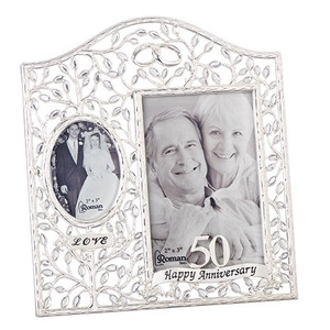 9.25"H 50th Wedding Anniversary "Clear Leaves" Picture Frame.  Holds a 4x6" and a 2x3" photo. Made of zinc alloy and is lead free.