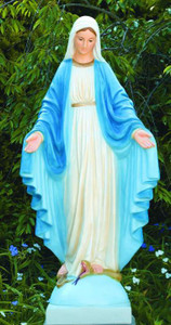 This Blessed Mother outdoor statue is hand-crafted by local artists, making each one a unique original. The statue you receive may have a slightly different color, shape, size, and texture from the one shown. This statue comes in detailed stained for a natural cement finish. Please allow for 4-6 weeks for delivery.

Dimensions and Details:
Height: 64" 
Width: 29"
BW: 18", BL: 16.5"
Detailed stain or natural cement finish
Handcrafted and Made to Order. Allow 4-6 weeks for delivery
Made in the USA