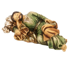 4" Sleeping Joseph is hand painted and is made of a solid resin. Statue has gold leaf trim accents and Italian gold stamped prayer card. Boxed 