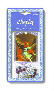 Saint Michael Deluxe Chaplet with Multicolored Glass Beads. Packaged with a Laminated Holy Card & Instruction Pamphlet. (Overall 6.5” x 3.5”)