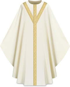 This chasuble features  orphreys on front and back. It comes in Purple, Green Red and Ecru. It is made from Elias fabric and is part of the Assisi series. Elias fabric is 100% polyester and is lightweight and durable.  The Chasubles measure 53"L x 63"W;. The chasuble has a plain collar and does come with an inside stole. Care instructions: Wash in warm suds, rinse well, do not wring. Hang wet to dry, no ironing needed. Please supply your Intitution’s Federal ID # as to avoid an import tax. Please allow 3-4 weeks for delivery if item is not in stock as it is shipped from overseas.