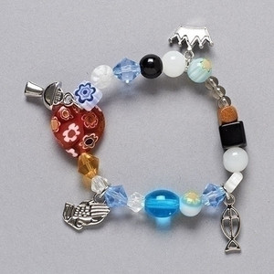 Communion Story bracelet 6-6.5"L- Stretch. Beads and charms tell the story of the journey to communion. 