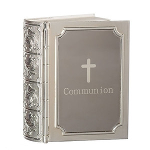 Engravable Communion Bible Box Keepsake 3.5" Box. Made of zinc alloy-lead free. For engraving please note Name and Date Only