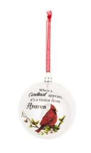 Plastic 3" Ornament with Cardinal - "When a Cardinal appears, it's a visitor from Heaven." Each pc with a 1 pc printed enclosure card. Each ornament comes with a 3" red organza loop for easy hanging. 