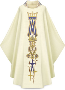 Hand embroidered chasuble with marian symbol in Cantate fabric (99% wooland 1% lurex). Chasuble width-63" and 53" Length, with inside stole.  Embroidered stand up collar