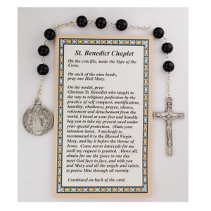 St Benedict Chaplet. Black crystal beads with St. Benedict medal. Comes with a prayer card with how to pray the chaplet. Comes carded. 