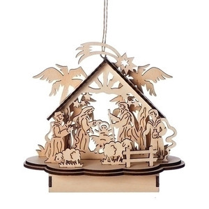 This beautiful LED laser cut nativity ornament is made with wood.  The LED nativity is perfect to add to your Christmas decorations. Does not include batteries.Dimensions are: 5.91"H X 6.30"W