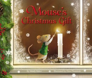 In Mouse’s Christmas Gift, written by Mindy Baker and illustrated by Dow Phumiruk, one tiny church mouse must find a way to bring Christmas spirit to his little town when Parson gets sick and the usual Christmas Eve service is cancelled. Mouse never gives up hope as he prepares the nativity set and lights a small candle in the window to signal the villagers. Mouse’s small act of faith sparks a chain reaction of hope and love, demonstrating that even the smallest creature can make a big difference. This adorable book, with a cover adorned with foil and glitter, captures the spirit of Christmas and the joy of doing for others during the holiday season.  That night, on Christmas Eve, a small group of villagers gathered in front of the darkened church. Mouse peered out the window and his heart began to pound. They came!
