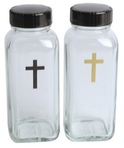 Glass Bottles with caps. Each holds 4 ounces. One with black cross and one with gold cross. Measurements are: 4.5"H x 1 .75"W x 1.75"L.  Convenient for traveling priests.