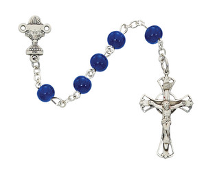 This 18" long Communion Rosary has 6mm blue beads, a rhodium chalice center and a rhodium crucifix. Includes a black leatherette gift box. 