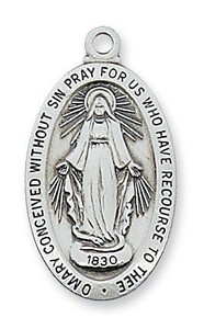 1" x 9/16" Sterling Silver Miraculous Medal. Medal comes on an 18" rhodium chain. Miraculous Medal comes in a deluxe gift box.