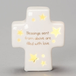 4.25" LED Porcelain Table Top Cross from the Sweet Dreams Collection.  "Blessings sent from above are filled with love." is written on front of cross. Perfect for a Baby shower gift or pair it up with another item from the Sweet Dreams Collection.