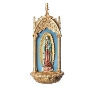 11.5" Our Lady of Guadalupe Holy Water Font. This 11.5" Our Lady of Guadalupe Holy Water Font stands 11.5" tall. The OL of Guadalupe Holy Water Font is made of a dolomite resin material. 