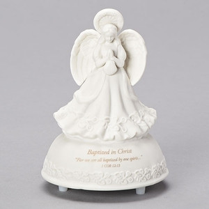 This enchanting Heaven's Treasure Baptism figurine does double duty as a beautiful remembrance of the Baptism and a music box, promising to lull your newborn to sleep to the tune of "Children's Prayer." Heaven's Treasure Music Box stands 5" tall and is 3.5" in diameter. The figure is made of porcelain. 
