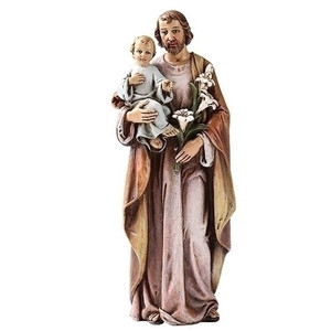 25" Saint Joseph holding the Christ Child. Statue is made of a resin/stone Mix. St Joseph is the Patron Saint of Families and Carpenters. Dimensions: 29"H x 9.25"W x 6.75"D
