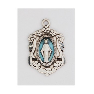 14/16" ornate Sterling silver with blue epoxy Miraculous Medal. Medal comes with an 18 inch rhodium plated chain in a deluxe gift box. Made in the USA.