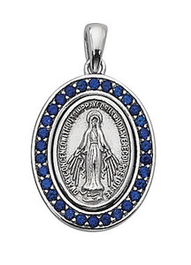 1" Sterling Silver Miraculous Medal with blue crystal stones. Medal comes on an 18" rhodium chain and a deluxe gift box is included.