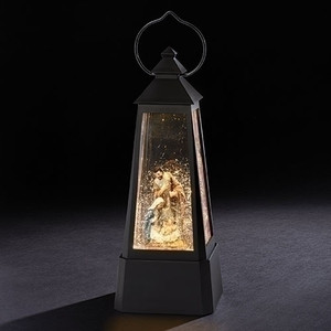 11" Lantern with the Holy Family. Battery operated. Swirl confetti. Made of plastic. Dimensions are: 10.75"H x 4.125"W x 4.125"D. Batteries not included.