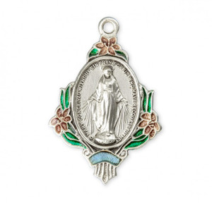 Oval shaped with pink flowers Miraculous Medal. Medal is .925 sterling silver with a 24" genuine rhodium plated endless curb chain. Dimensions: 1.2" x 0.9" (32mm x 22mm).  Weight of medal: 5.4 Grams. Deluxe velour gift box is included. Made in the USA