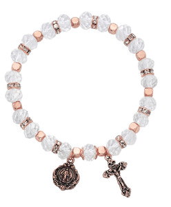 Copper plated real crystal beads with crystal stone spacer beads stretch bracelet. Real crystal capped Our Father Bead. Copper plated crucifix and miraculous medal.  