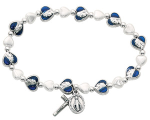 Adult Bracelet alternates blue enamel heart beads and white heart pearl glass beads.  Silver oxidised miraculous medal and crucifix.