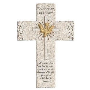 9.25inH Confirmation Wall Cross. Made of a resin/stone mix. Confirmed in Christ at the top of the cross with Holy Spirit Dove and Cross in the center.  1 John 4:13 scripture at the bottom of the cross