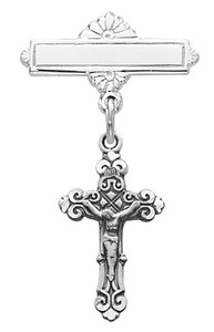 Sterling Silver Brite Cut Crucifix Baby Bar Pin. Wonderful addition to your baby's christening outftil/gown. Baby Bar Pin with Crucifix comes in a deluxe velour gift box. Sized for a baby, ideal for baptisms and christenings. Engraving on bar available. Made in the USA.